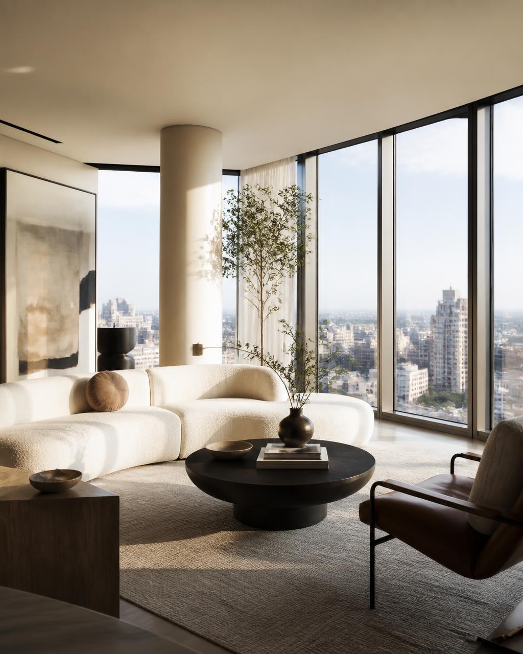 Interior de apartamento de alto padrão com acabamento neutro