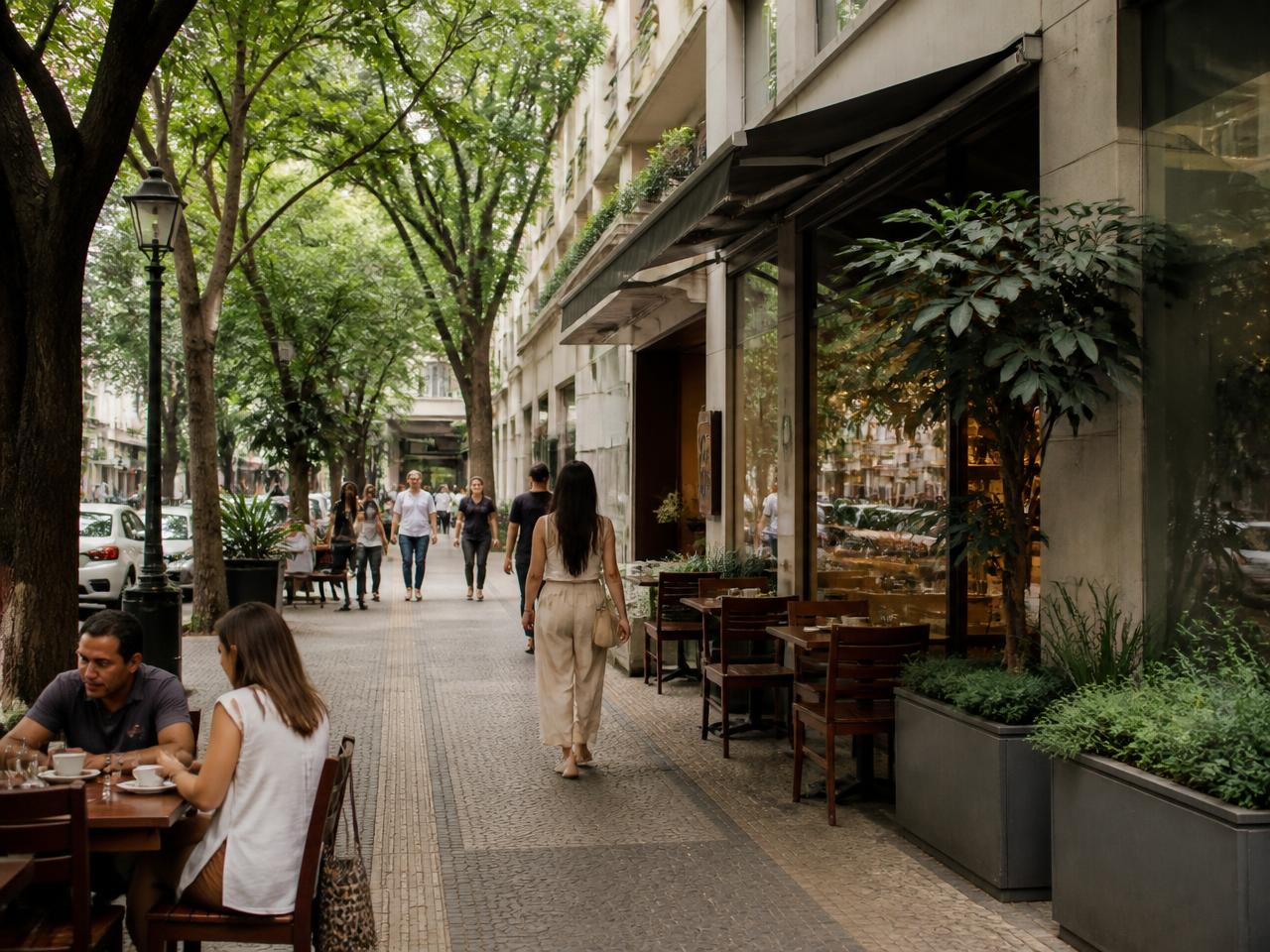 Rua arborizada da Savassi com fachadas de edifícios e comércio